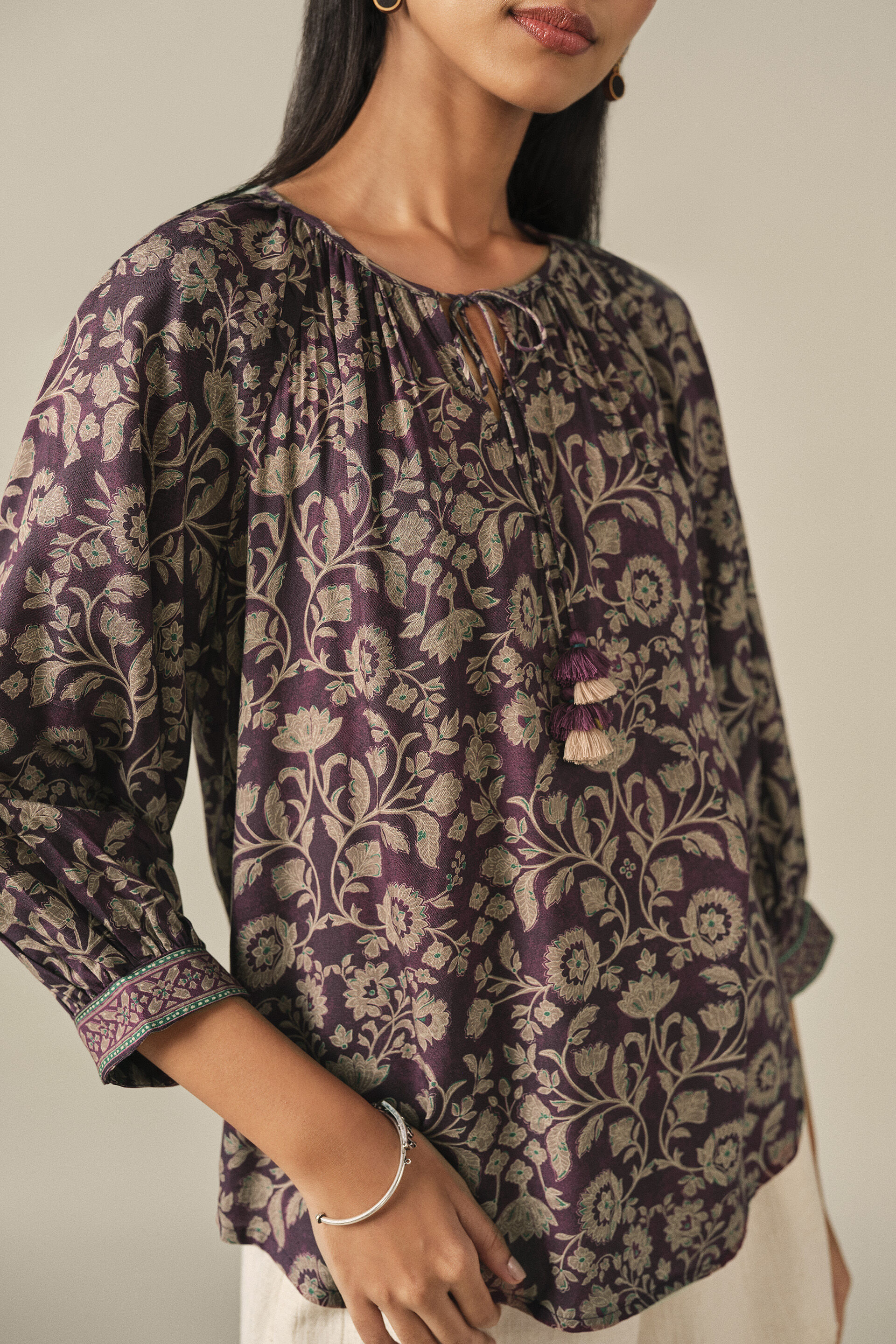 Printed Peasant Top in Purple, Purple, image 4